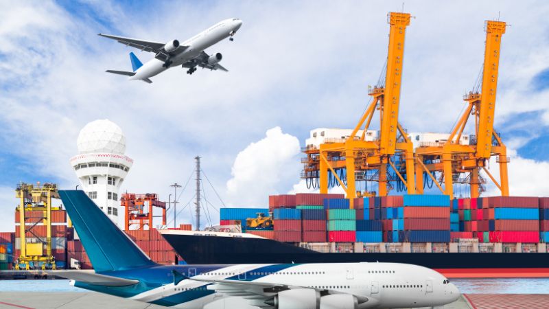 ship loading container with freight cargo plane for logistic