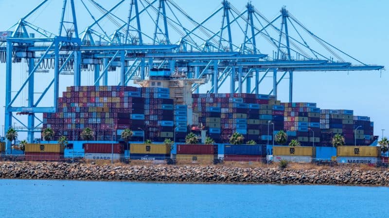 een havendok met portaalkranen en stapels containers