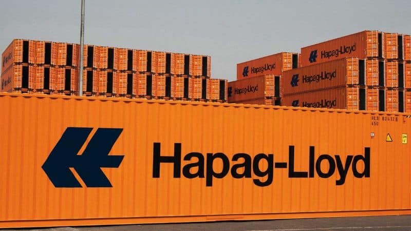 een container met de bedrijfsnaam "Hapag-Lloyd"